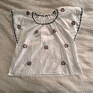 Madewell White Blouse with Black Embroidery Medium